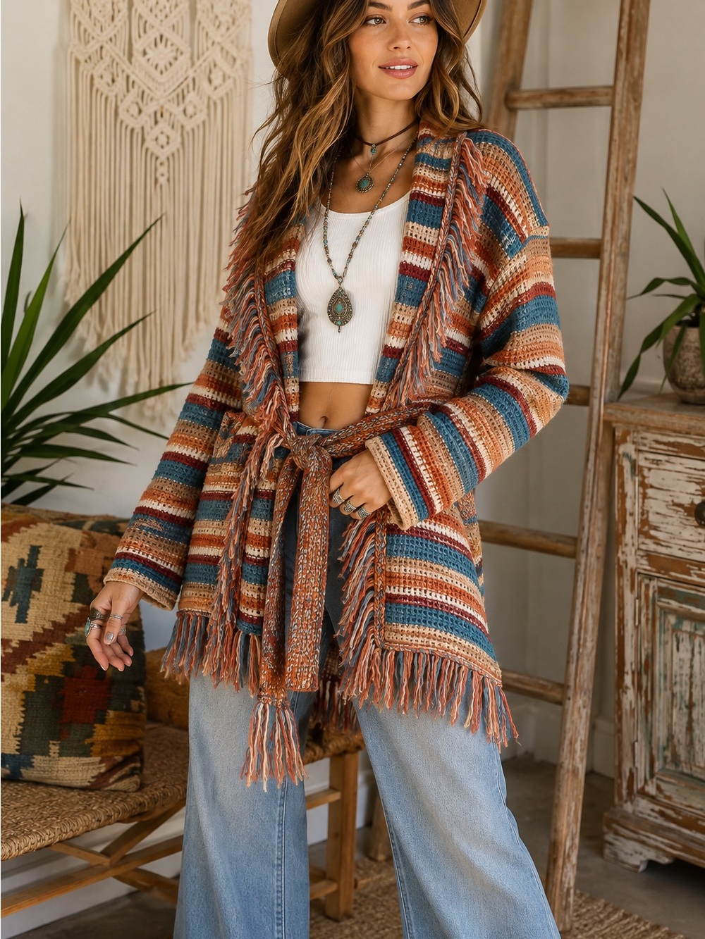 Idyllwind Miranda Lambert Striped Fringe Belted Cardigan Western Boho Sweater